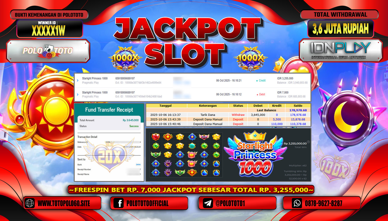 POLOTOTO JACKPOT SLOT STARLIGHT PRINCESS Rp.3.600.000,- LUNAS