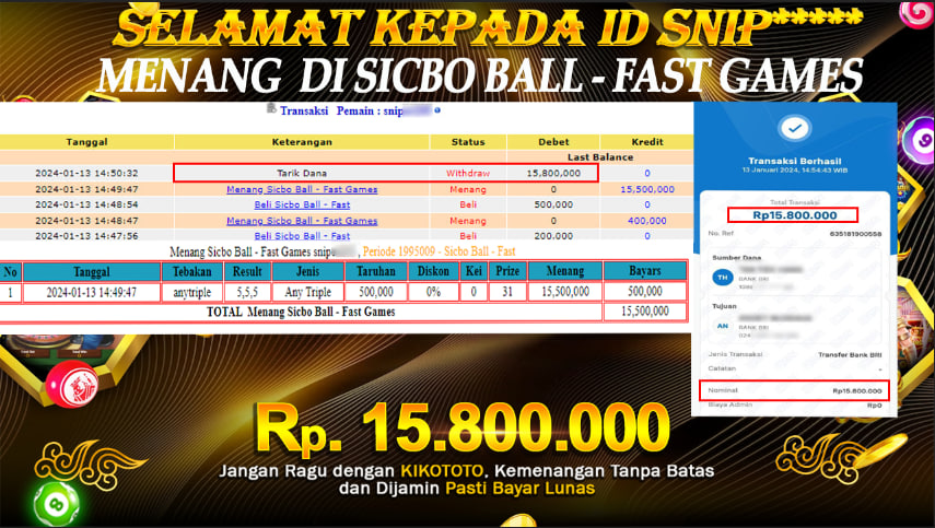 MENANG BESAR DI SICBO BALL - FAST GAMES  SEBESAR Rp 15,800,000 LANGSUNG DAN TANPA BASA BASI DI BAYAR KIKOTOTO !!!