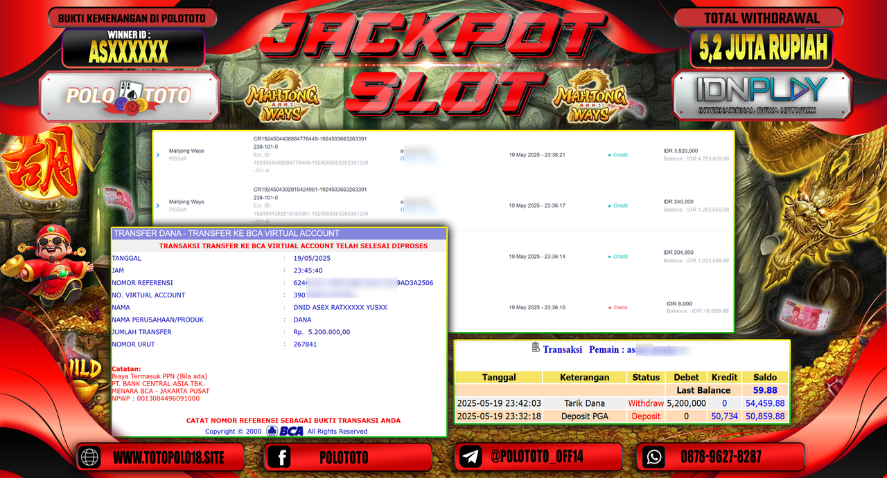 POLOTOTO JACKPOT SLOT MAHJONG WAYS Rp.5.200.000,-