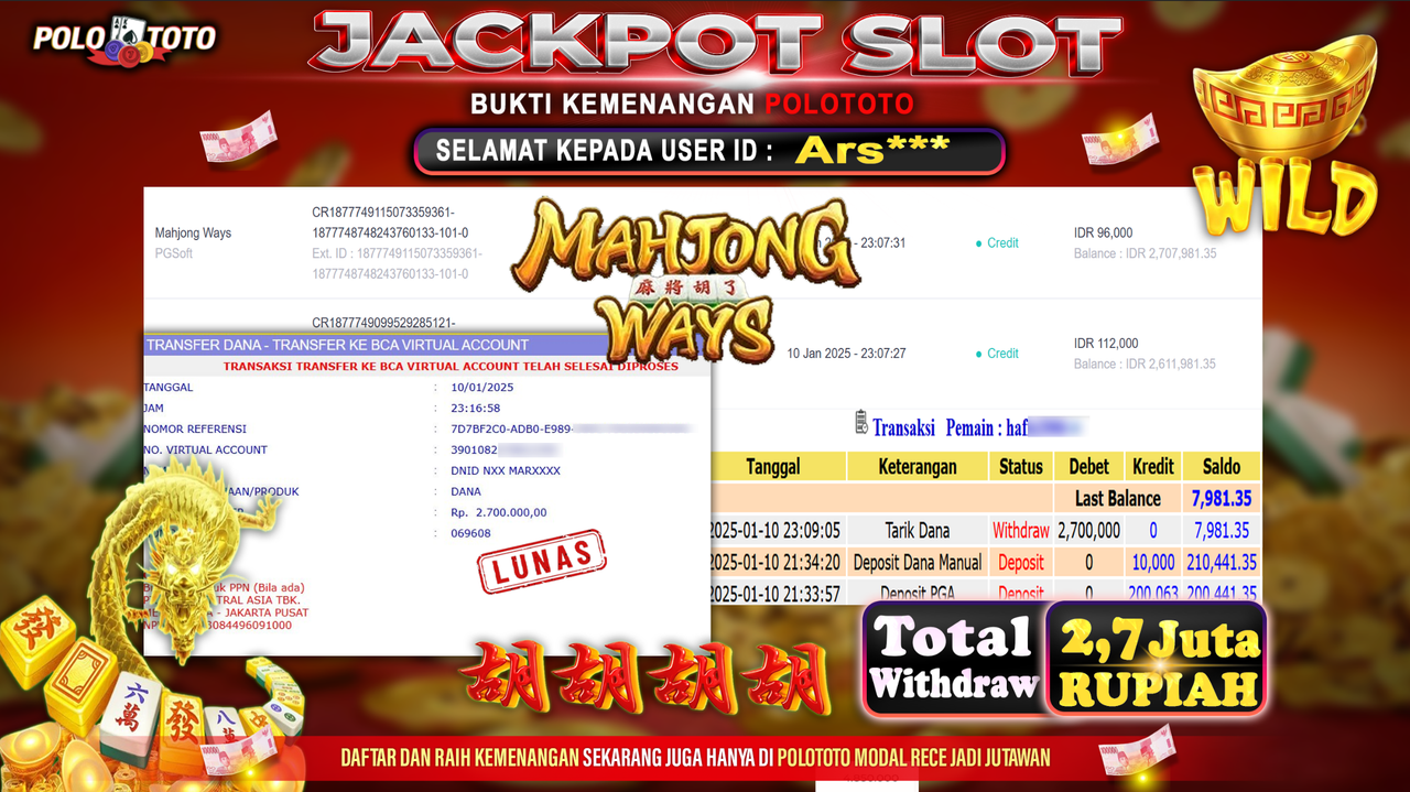 POLOTOTO JACKPOT SLOT MAHJONG WAYS Rp.2,700.000,-
