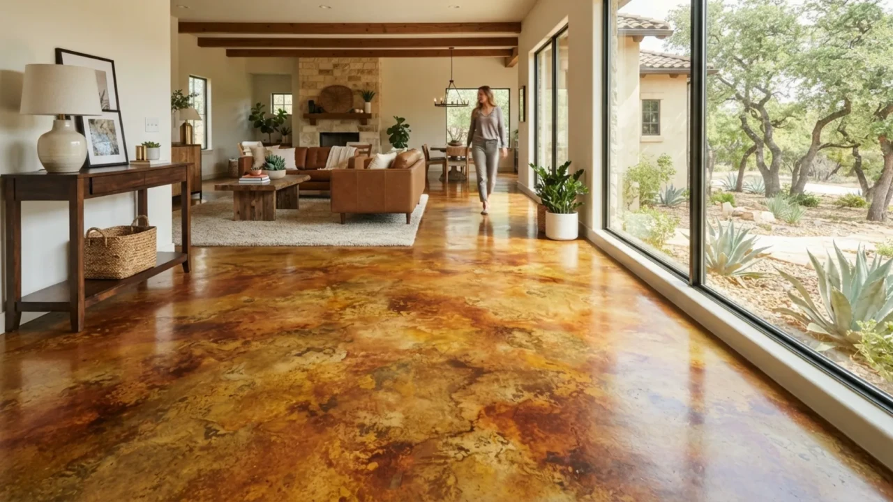 Acid stained concrete floor with mottled amber tones in San Antonio home
