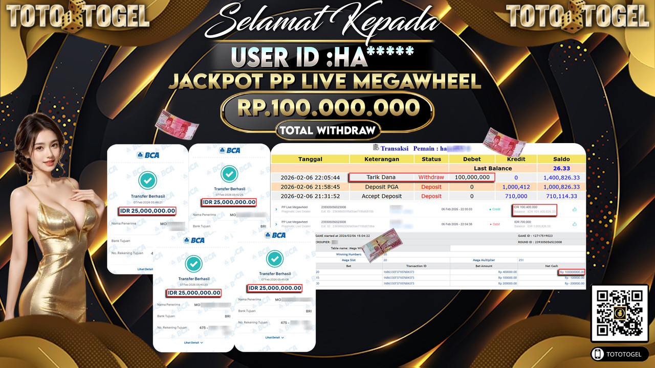 Bukti Pembayaran Jackpot Permainan  Pragmatic Pp Live Megawheel ID:HA*****LUNAS