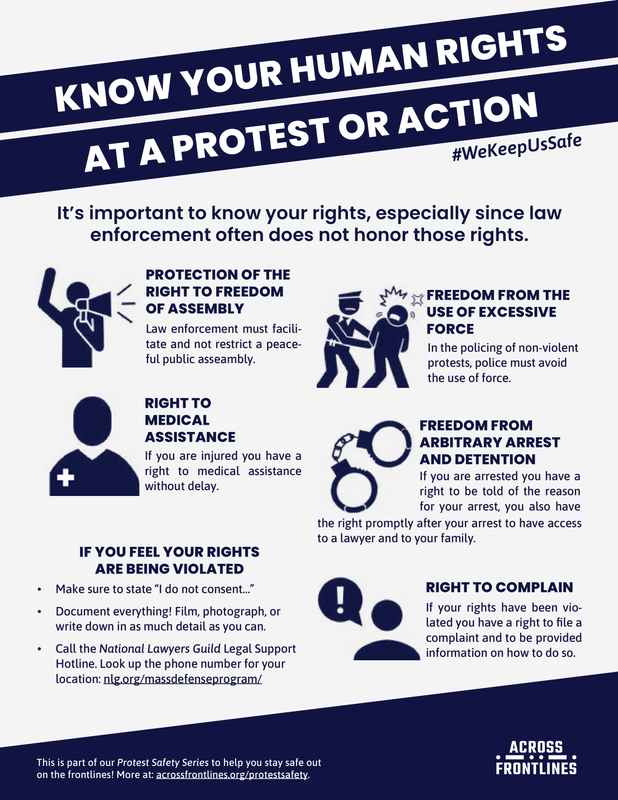 KNOW YOUR HUMAN RIGHTS
AT A PROTEST OR ACTION
It’s important to know your rights, especially since law
enforcement often does not honor those rights.
#WeKeepUsSafe
PROTECTION OF THE
RIGHT TO FREEDOM
OF ASSEMBLY
Law enforcement must facilitate and not restrict a peaceful public asseambly. In the policing of non-violent
protests, police must avoid
the use of force.
FREEDOM FROM THE
USE OF EXCESSIVE
FORCE
RIGHT TO
MEDICAL
ASSISTANCE
If you are injured you have a
right to medical assistance
without delay.
RIGHT TO COMPLAIN
If your rights have been violated you have a right to file a
complaint and to be provided
information on how to do so.
• Make sure to state “I do not consent…”
• Document everything! Film, photograph, or
write down in as much detail as you can.
• Call the National Lawyers Guild Legal Support
Hotline. Look up the phone number for your
location: nlg.org/massdefenseprogram/
IF YOU FEEL YOUR RIGHTS
ARE BEING VIOLATED
If you are arrested you have a
right to be told of the reason
for your arrest, you also have
FREEDOM FROM
ARBITRARY ARREST
AND DETENTION
the right promptly after your arrest to have access
to a lawyer and to your family.
ACROSS
FRONTLINES
ACROSS
FRONTLINES
ACROSS
FRONTLINES