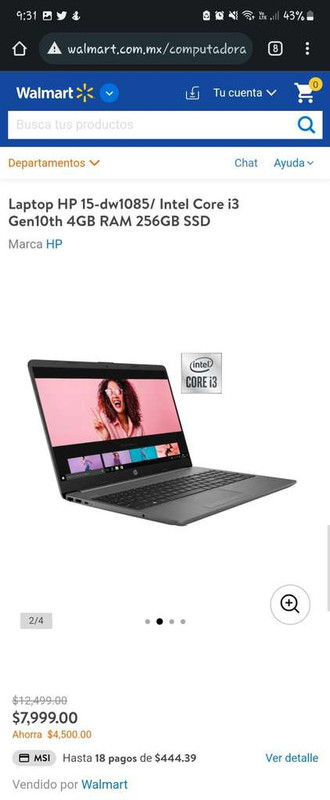 Walmart: Laptop HP 15-dw1085/ Intel Core i3 Gen10th 4GB RAM 256GB SSD (HSBC) 