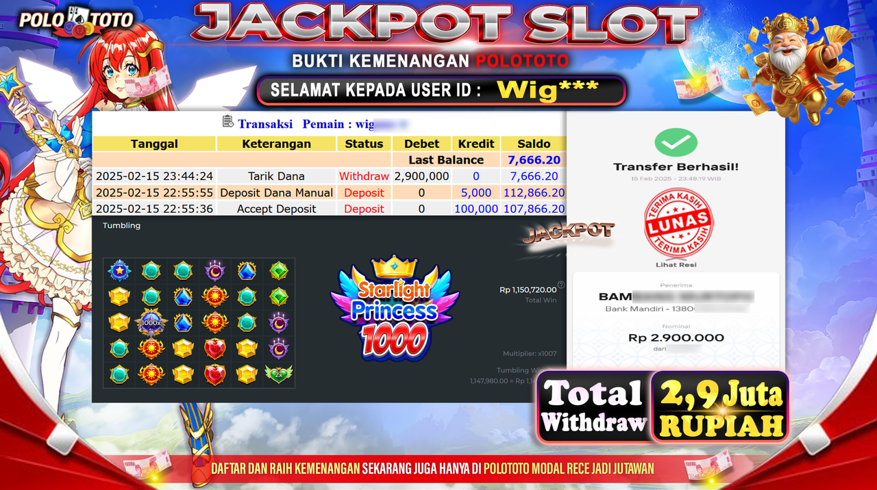 POLOTOTO JACKPOT SLOT STARLIGHT PRINCESS 1000 Rp.2.900.000,- 