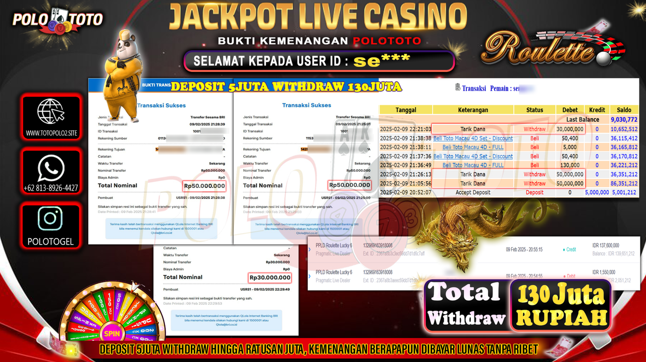 POLOTOTO JACKPOT LIVE CASINO PPLD ROULETTE LUCKY 6 Rp.130,000.000,-