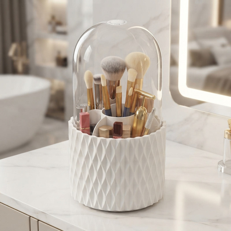 Diamond Pattern 360° Rotating Cosmetic Organizer with Dust-Proof Dome