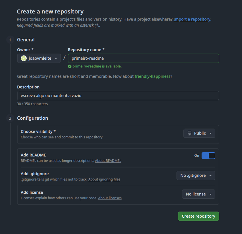 Imagem mostrando a área de criação de um novo repositório