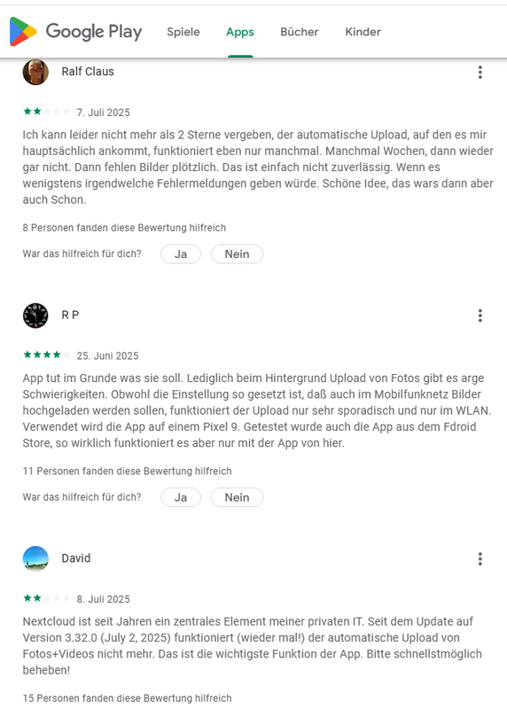 Bewertungen NextCloud Android-App