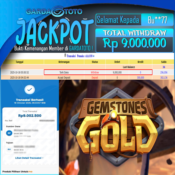 JACKPOT DI PERMAINAN  SLOT PG SOFT GEMSTONES GOLD  WD Rp 9.000.000,- DIBAYAR LUNAS GARDATOTO MANTAP !