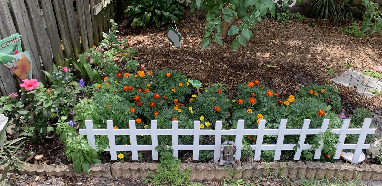 a garden with marigolds in a small patch of land with a white picket fence around it and a sign in the center, pink flowers to the left, yellow, red, and orange in the center, little things added like a bunny, a rainbow vial, a little fairy door, a turtle, and a welcome sign
