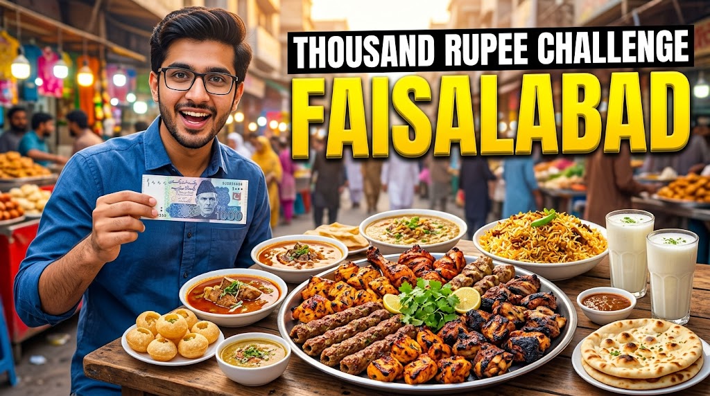AI-generated example result for the youtube-thumbnail prompt: Food & Street Food – "THOUSAND RUPEE CHALLENGE / FAISALABAD" | Street Food Challenge Youtube Thumbnail AI YouTube Thumbnail Prompt