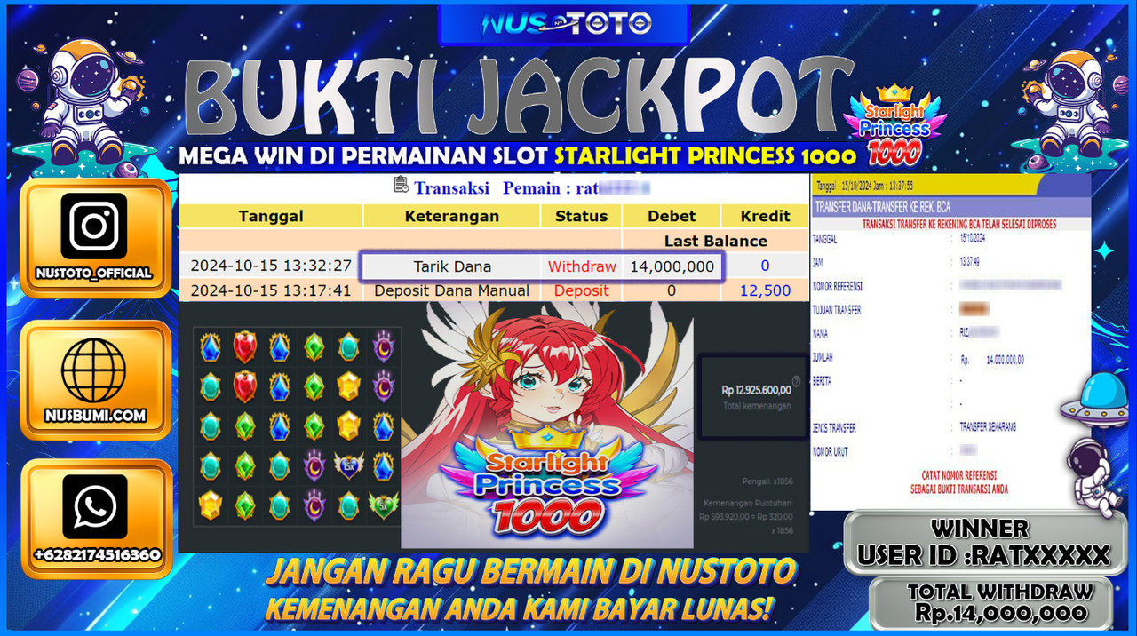 JACKPOT !! MENANG BESAR DI SLOT STARLIGHT PRINCESS  1000 Rp. 14.000.000 LANGSUNG DI BAYAR LUNAS NUSTOTO !!