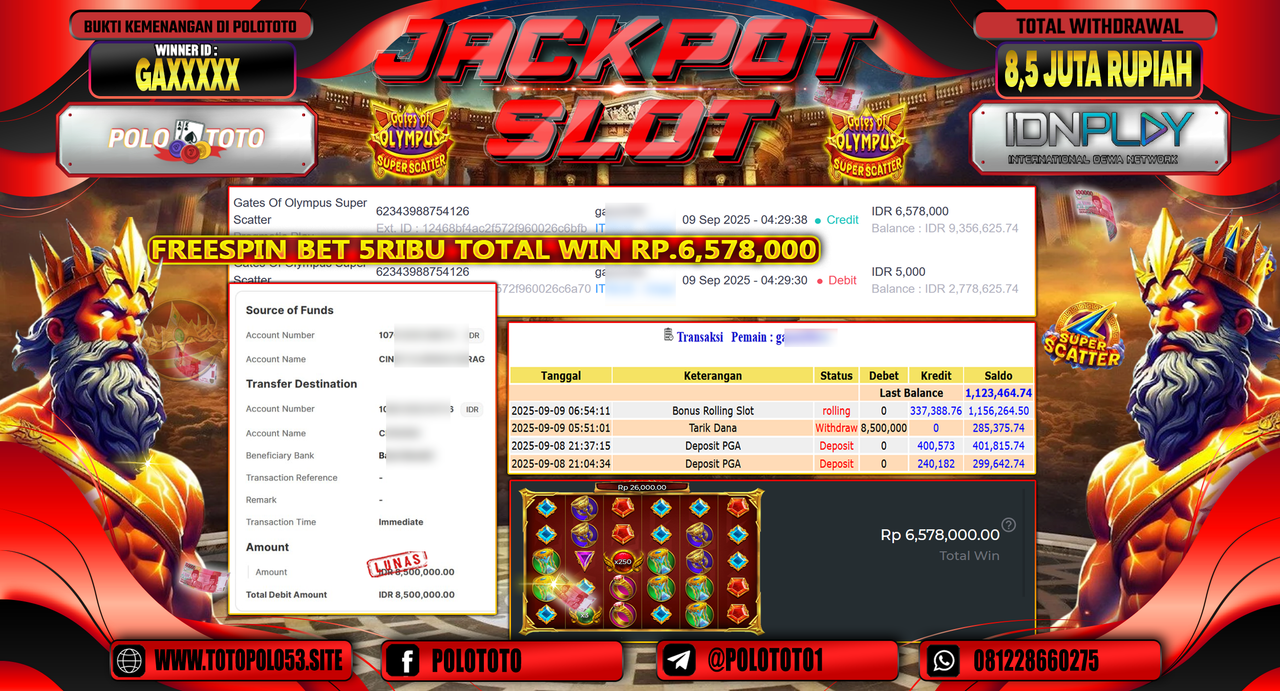 POLOTOTO JACKPOT SLOT GATES OF OLYMPUS SUPER SCATTER Rp.8.500.000,-