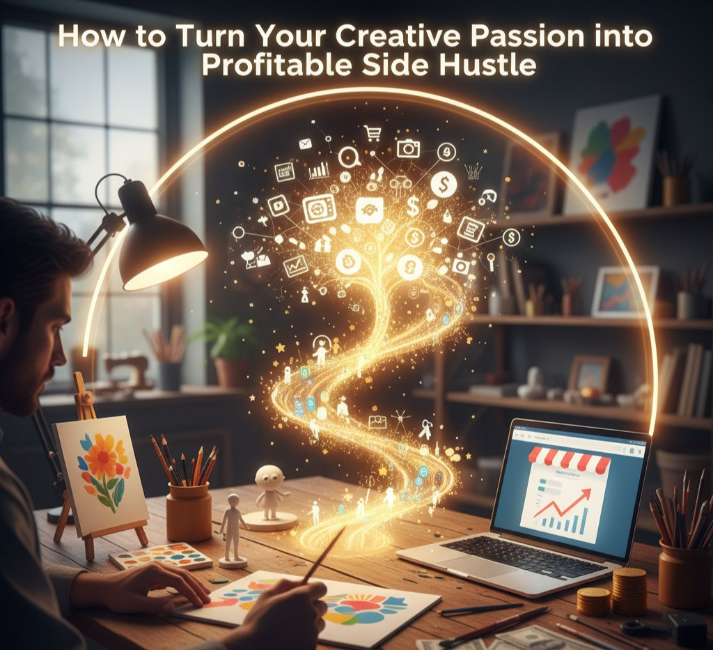 A stylized, illustrative image showing a person with glowing hands weaving together abstract concepts like paintbrushes, keyboards, and dollar signs, symbolizing the successful monetization of creative skills.