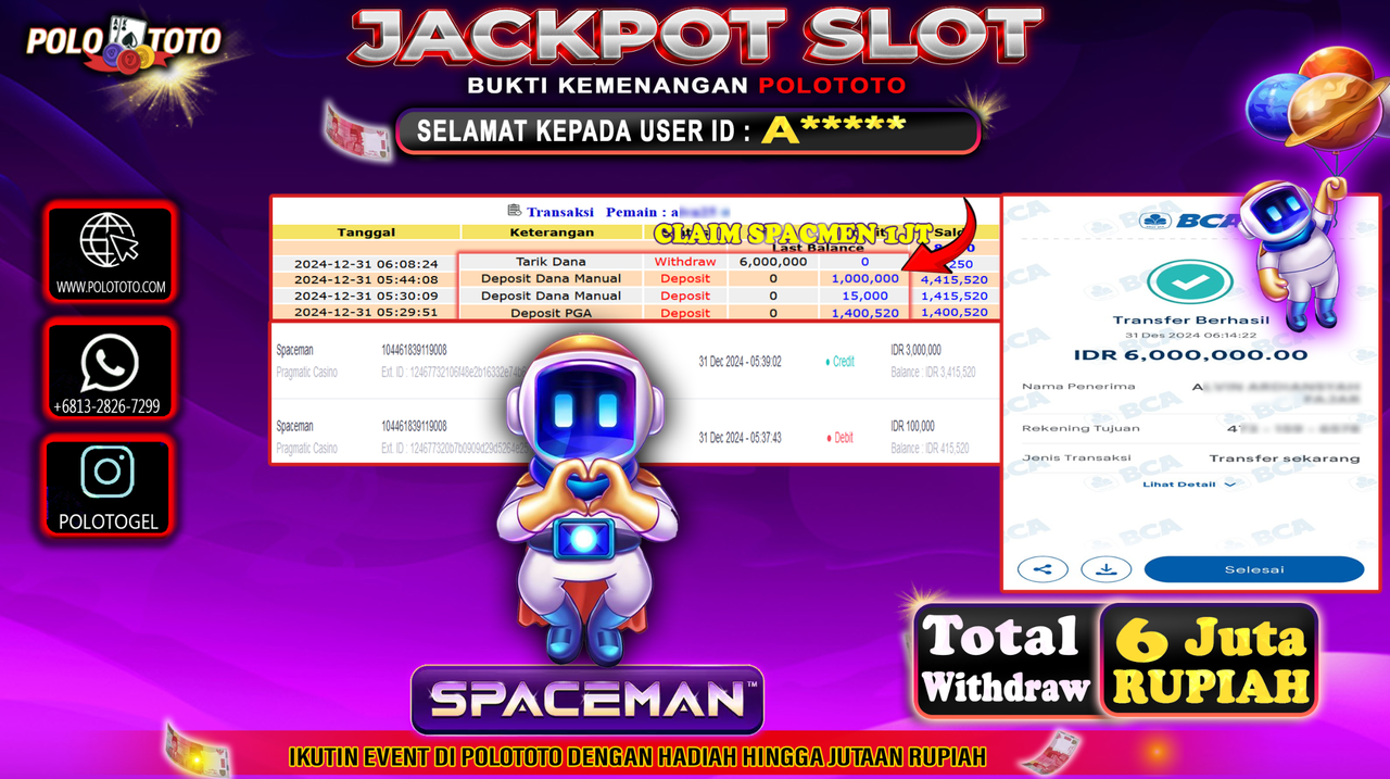 POLOTOTO JACKPOT SLOT SPACEMAN Rp.6,000.000,-