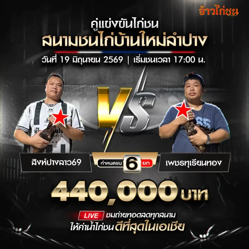 สิงห์ปางลาว69 พบ เพชรทุเรียนทอง โปรแกรมไก่ชน สนามชนไก่บ้านใหม่ลำปาง 19 มิถุนายน 2569