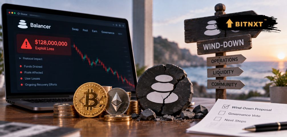 Balancer DeFi protocol facing a proposed wind-down after a $128 million exploit, shown with a falling market chart, damaged Balancer symbol and crypto assets.
