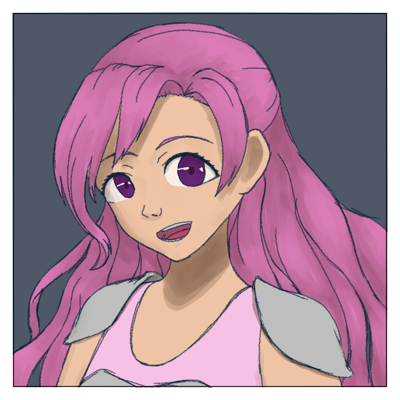 An image of Beryl from the shoulders up. She has light skin, and long
    wavy pink hair styled in a half-ponytail with bangs swept to the side. She has wide purple eyes and is wearing light armor in the form of silver 
    pauldrons and a small breastplate. Beneath the armor, she is wearing a pink tank top.