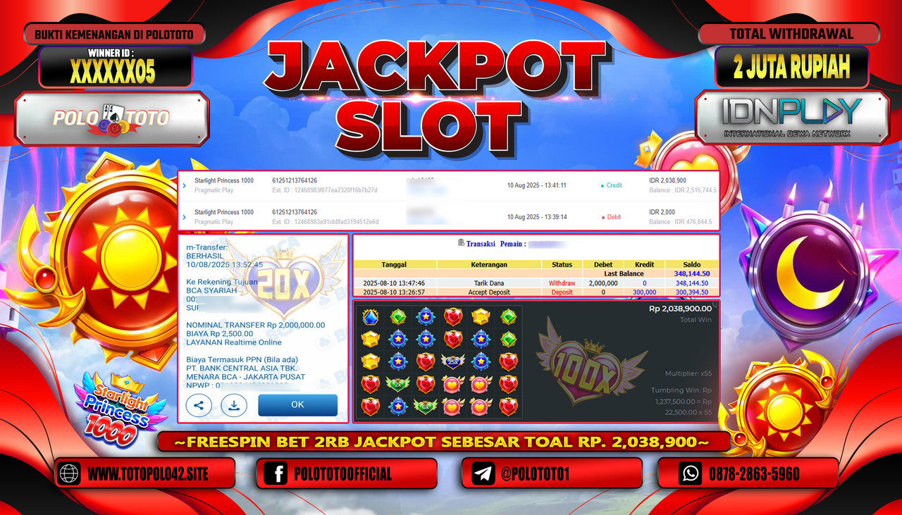 POLOTOTO JACKPOT SLOT STARLIGHT PRINCESS 1000 Rp.2.000.000,-LUNAS