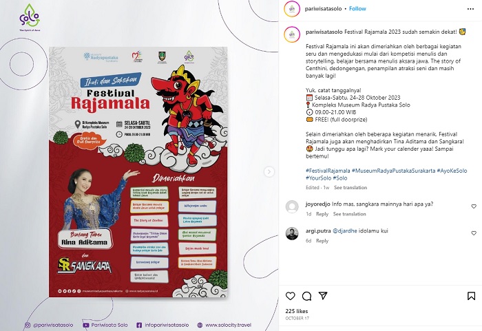 Festival Rajamala diselenggarakan pada 24-28 Oktober 2023 di Kompleks Museum Radya Pustaka Solo.