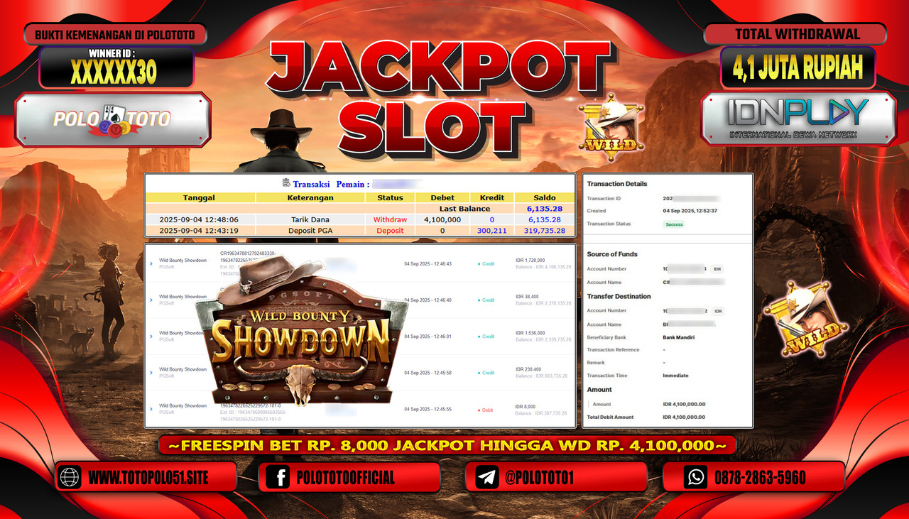 POLOTOTO JACKPOT SLOT WILD BOUNTY SHOWDOWN Rp.4.100.000,- LUNAS