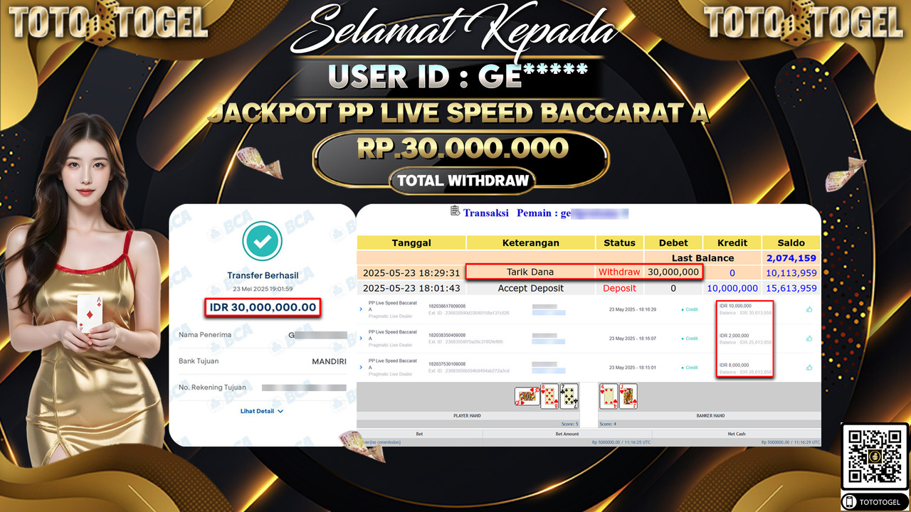 Bukti Pembayaran Jackpot Permainan Live Game PP Live Speed Baccarat A ID:GE***** LUNAS