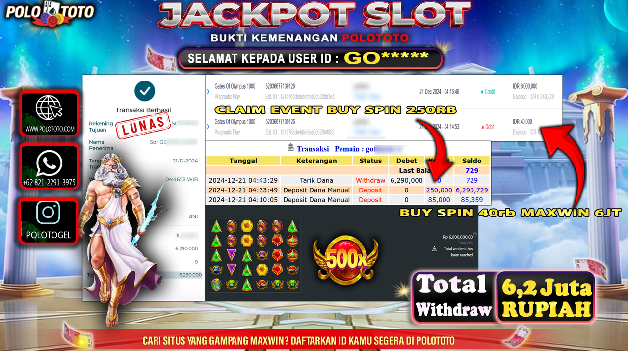 POLOTOTO JACKPOT SLOT GATES OF OLYMPUS Rp.6,290.000,-