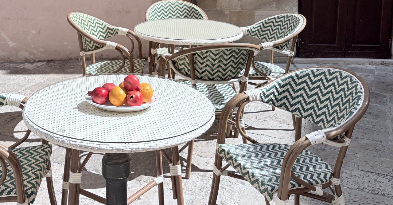 A sunlit courtyard with fruit