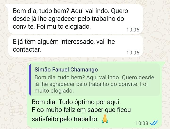 Outro screenshot de conversa WhatsApp com elogio de cliente Lirandzo