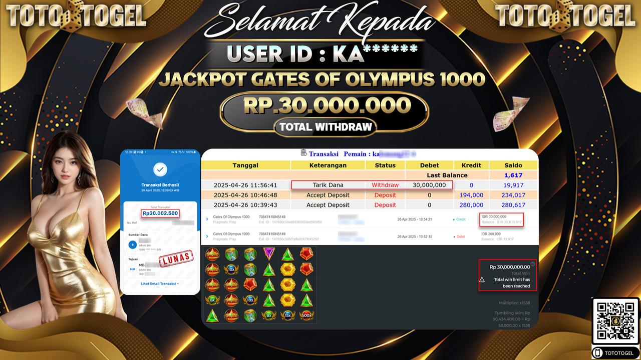 Bukti Pembayaran Jackpot  Permainan Slot Gates Of Olympus 1000 ID:KA***** LUNAS