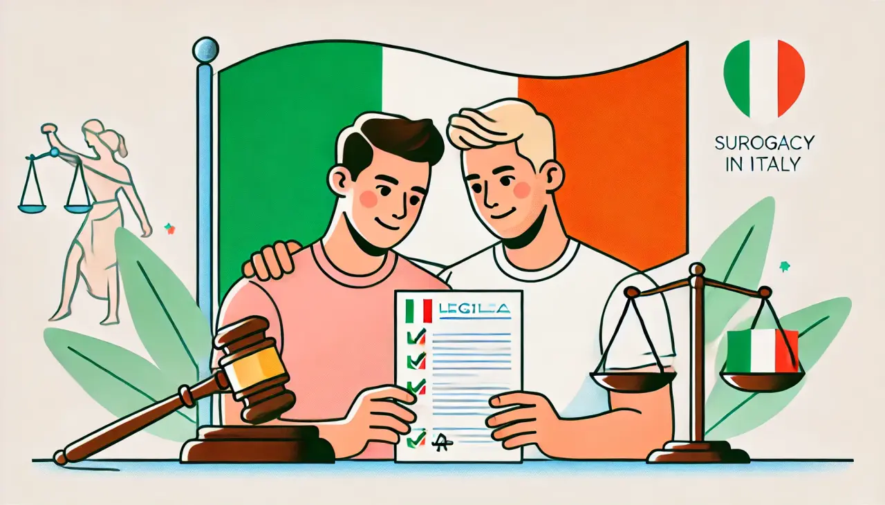 A same-sex couple reviewing legal documents about surrogacy laws in Italy