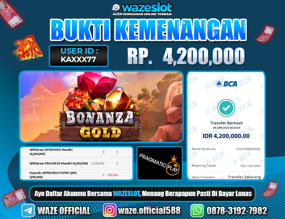 BUKTI KEMENANGAN 28 JUNI 2025 DI GAME BONANZA GOLD
