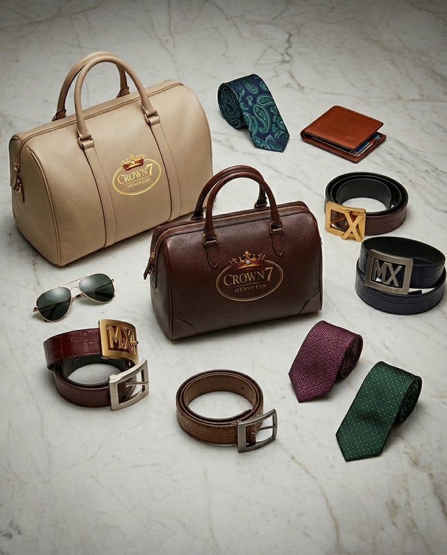 Premium leather belt and briefcase bag arranged on marble surface