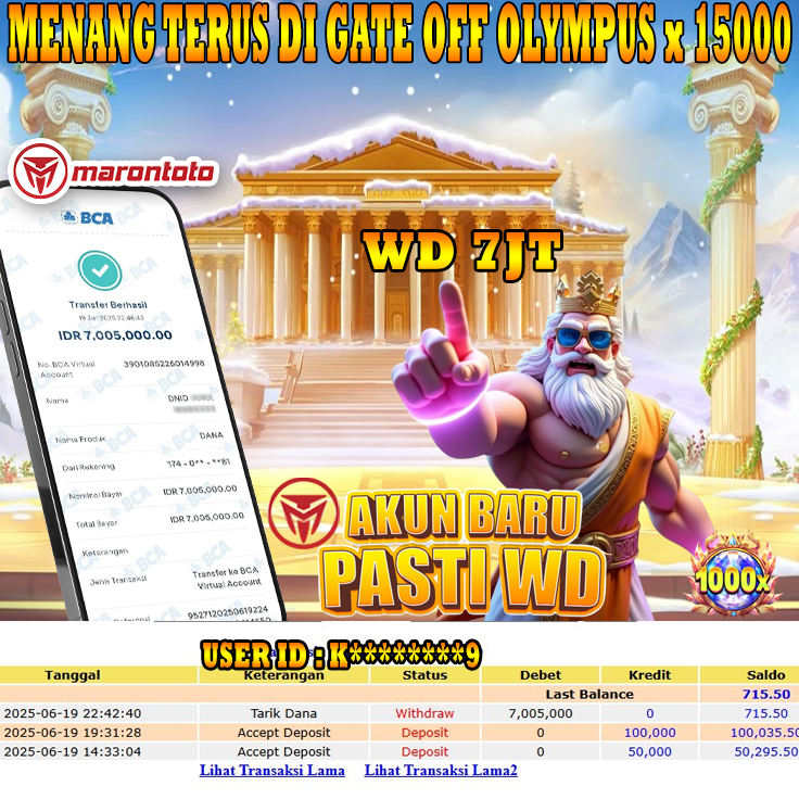 Bukti Kemenangan Member Marontoto Sebesar 7,005,000 JuTa