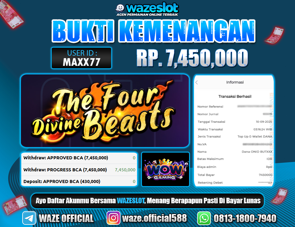 BUKTI KEMENANGAN 10 SEPTEMBER 2025 GAME THE FOUR DIVINE BEASTS ( WOW GAMING )