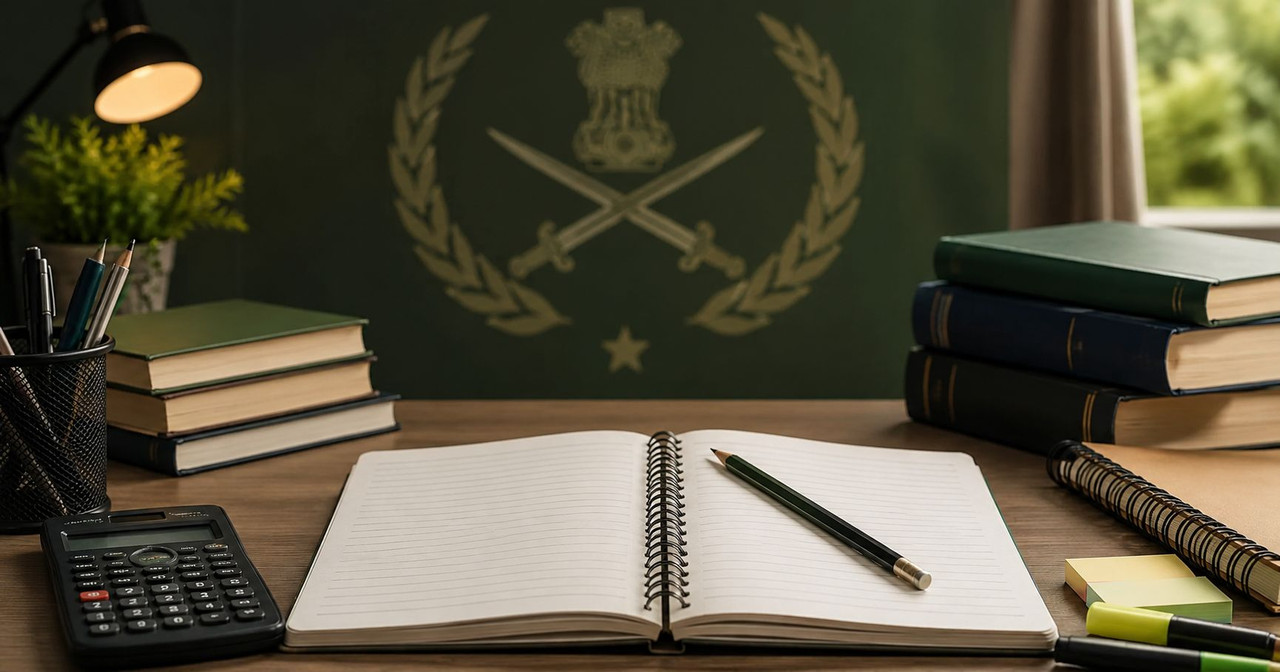 Army Agniveer Syllabus 2026 - CEE Exam Pattern Guide Study desk with notebook and books representing Indian Army Agniveer syllabus preparation 2026