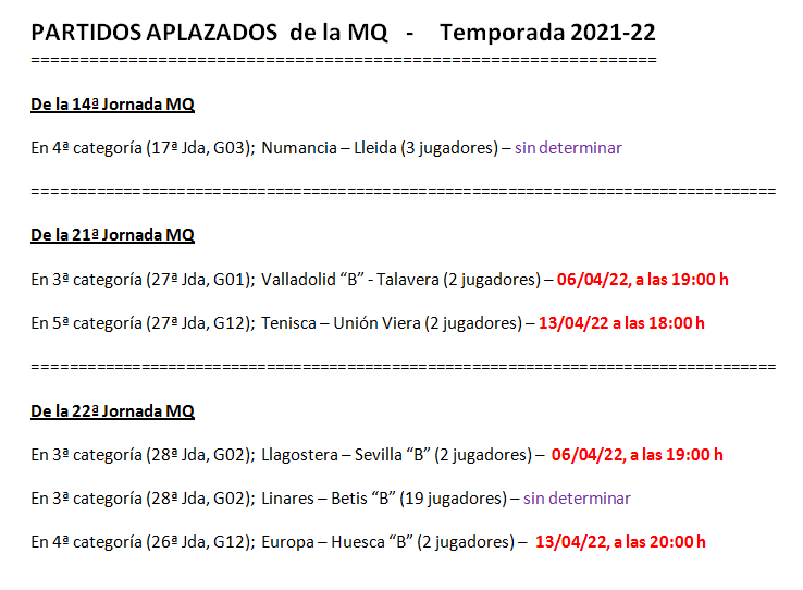 LA MEGA QUINIELA (12ª Edición) - Temporada 2021-22 (2ª parte) - Página 24 Aplazados