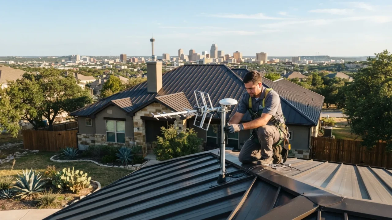 Cell signal booster installation on metal roof home San Antonio