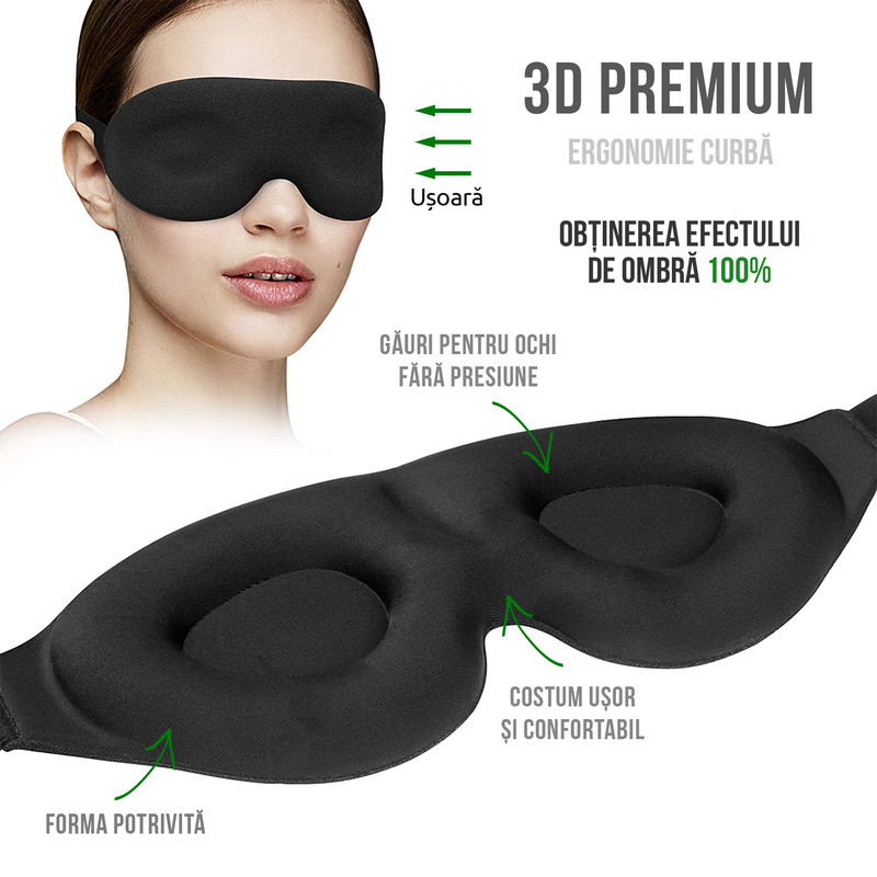 Masca de somn 3D Premium, WAYA, Poliester, Reglabila, 100% lumina blocata,  Negru - eMAG.ro