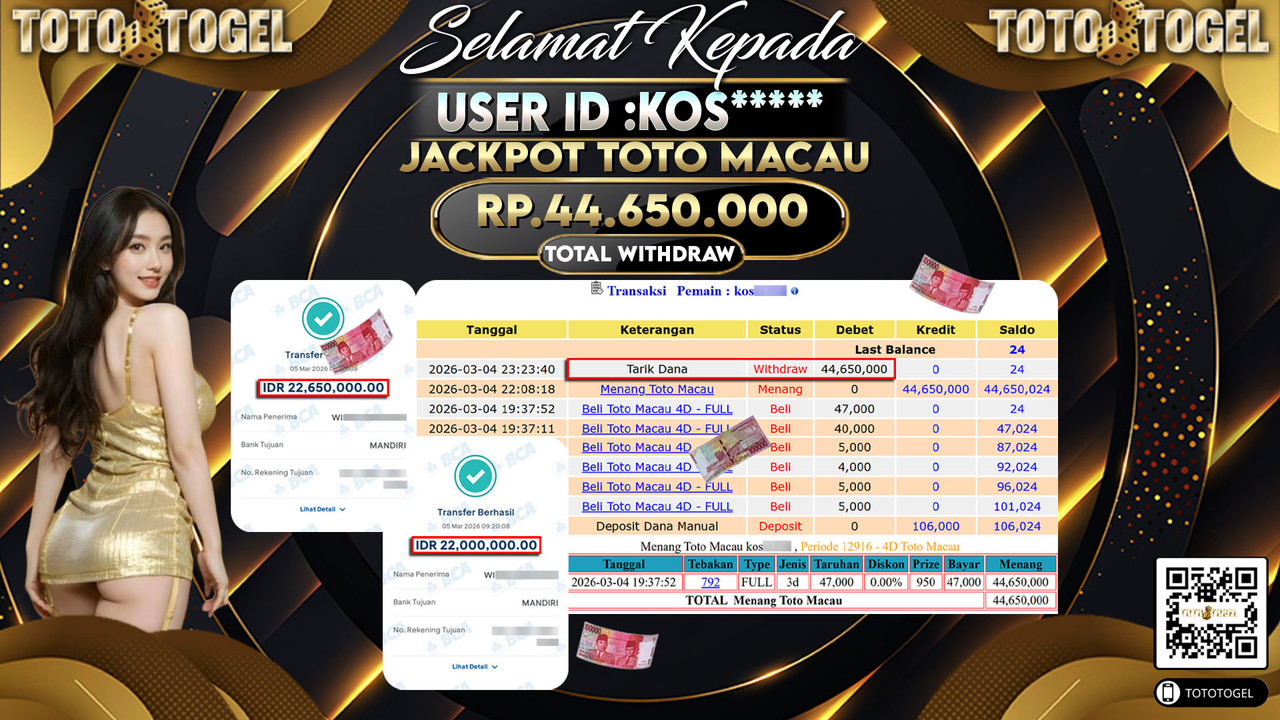 Bukti Pembayaran Jackpot Permainan Togel Toto Macau ID:KOS*****LUNAS