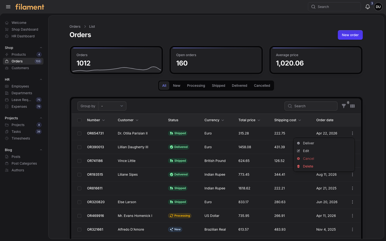 Stature Theme Shop order action submenu in dark mode