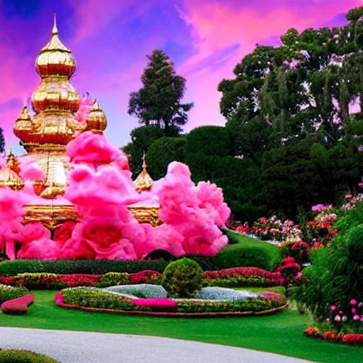 gold palace surrounded by pink roses