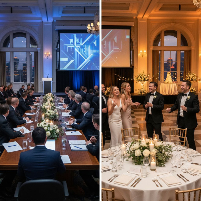 Пример грамотного подбора мебели для мероприятий разного типа, от деловой конференции до свадебного банкета.