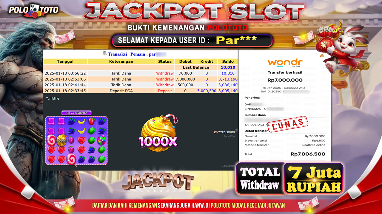 POLOTOTO JACKPOT SLOT SWEET BONANZA 1000 Rp.7,000.000,-