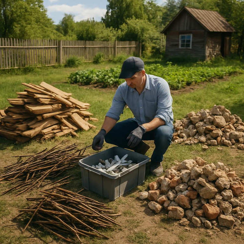 Сортировка строительных отходов на дачном участке перед вывозом