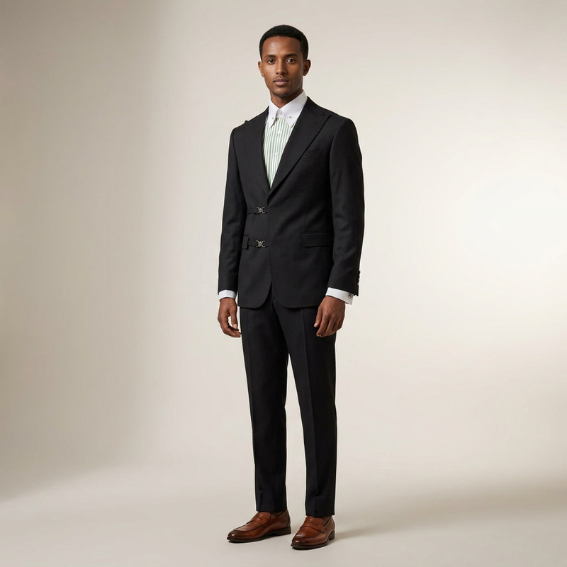 Elegant man in a three-piece charcoal suit with gold pocket watch chain