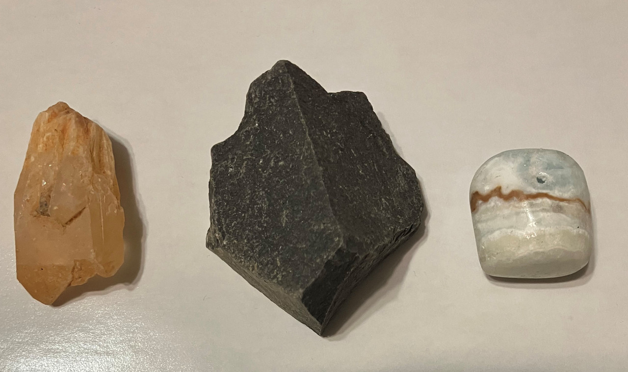 Raw Tangerine Quartz, Raw Black Basalt, Tumbled Caribbean Calcite, information sheet