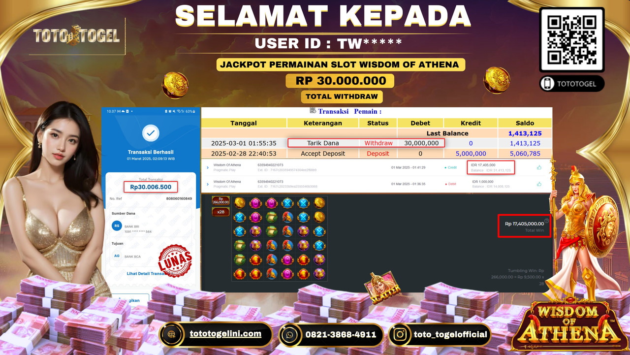 Bukti Pembayaran Jackpot  Permainan Slot Wisdom Of Athena  ID:TW***** LUNAS
