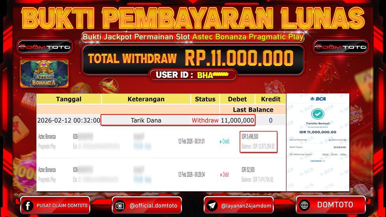 JACKPOT SLOT Menang Slot Aztec Bonanza Pragmatic Play 12 FEBRUARI 2026